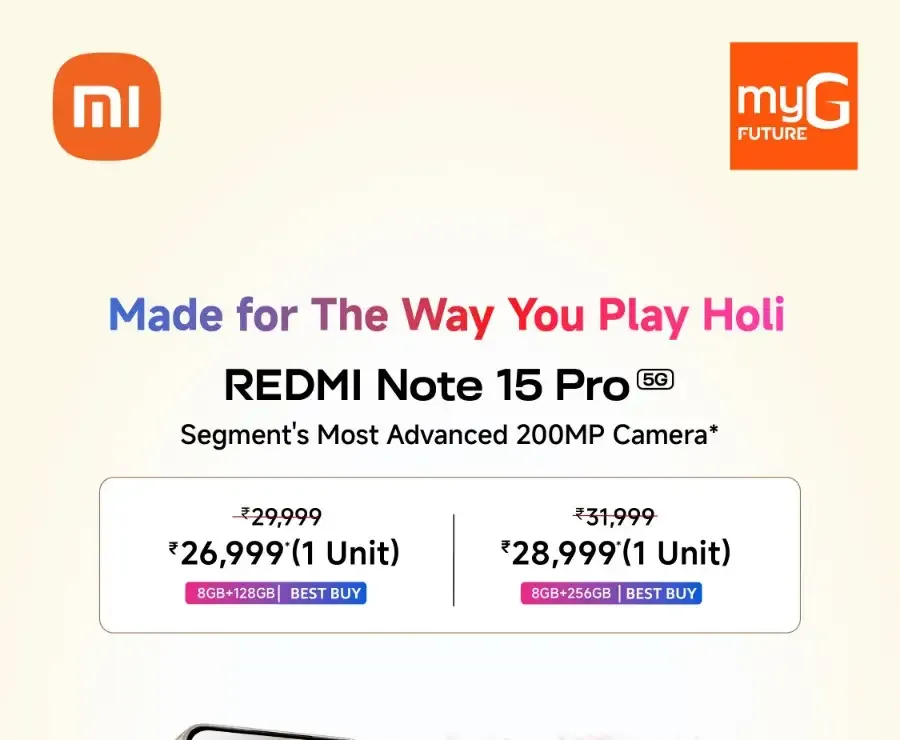 Redmi Note 15 Holi Offer | myG Future Kochi | Ends March 8 flyer cover