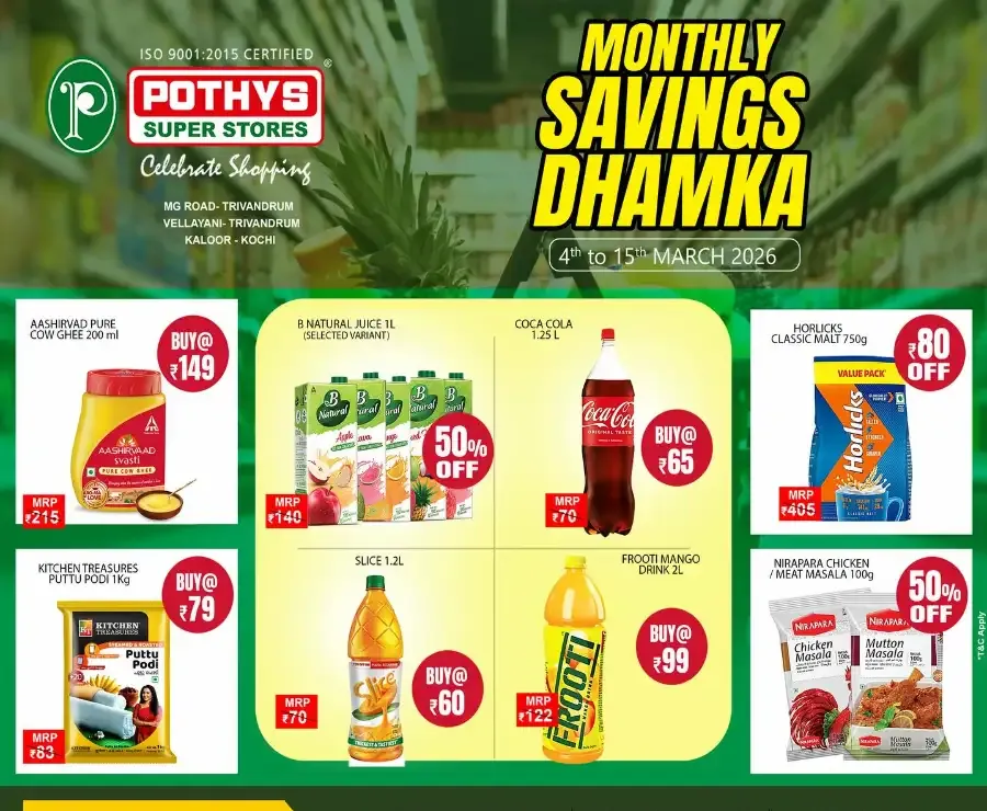 Monthly Savings Dhamka | Pothys Super Stores Trivandrum & Kochi | Ends 15th March flyer cover