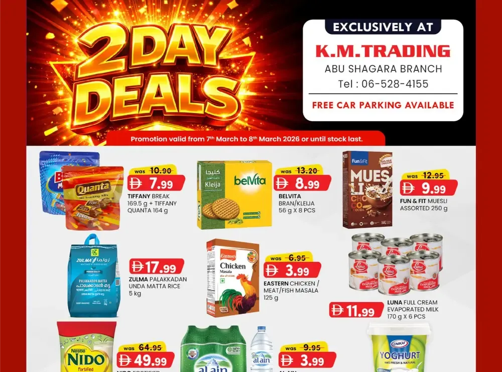 K.M. Trading Abu Shagara: 2-Day Deals | Ends 8th March 2026 flyer cover