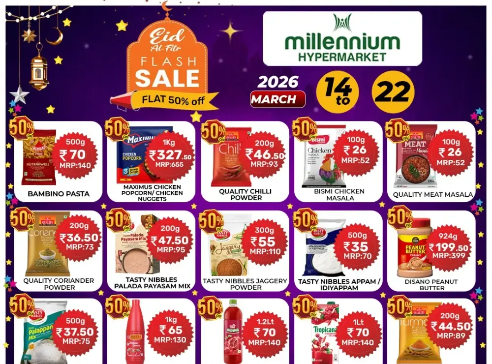 Millennium Hypermarket Flash Sale | Up to 50% Off in Palluruthy flyer cover
