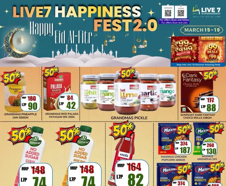 Live 7 Supermarket Ottapalam & Cherpulassery | 50% Off Eid Happiness Fest 2.0 flyer cover