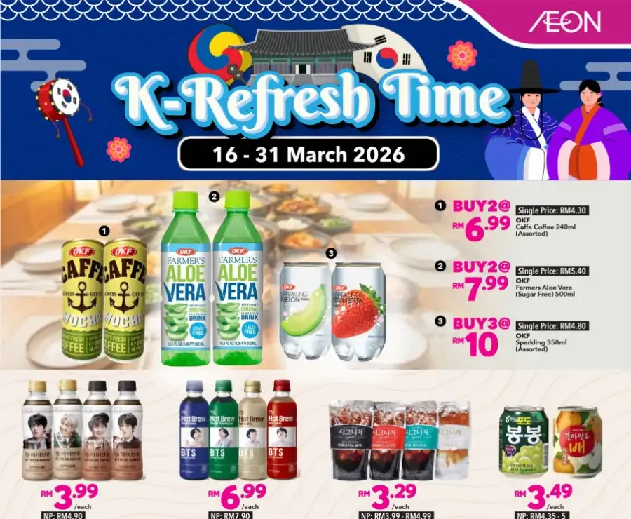 AEON Korean Beverage Promo | K-Refresh Time Malaysia | Ends 31 March flyer cover